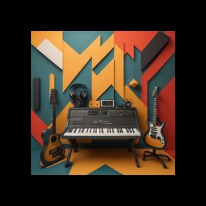Music studio, guitars and synthesizer.